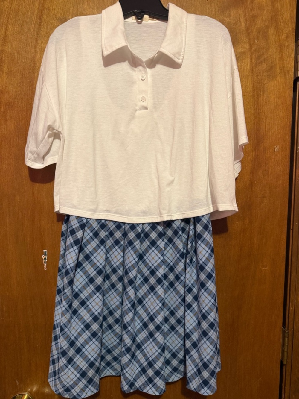 2 piece White Cropped Polo Top with Blue Plaid dress